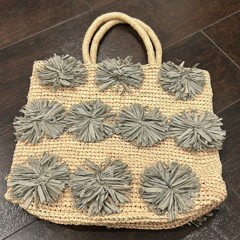 The Little Market Straw Bag Gray Beige Handbag PomPom New without Tags